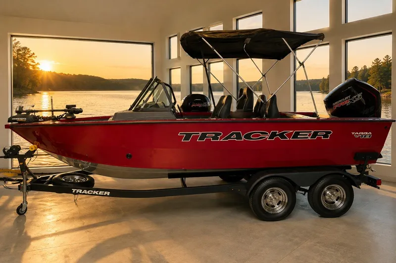 The Image of 2026 Tracker Targa V-18 Combo boat in showroom, sunset view through windows. - 0