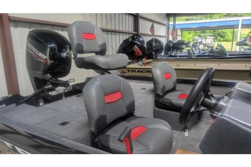 Slide: The Image of 2026 Tracker Pro Team 175 Crappie Edition boat with Mercury engine and gray-red seating. - 5