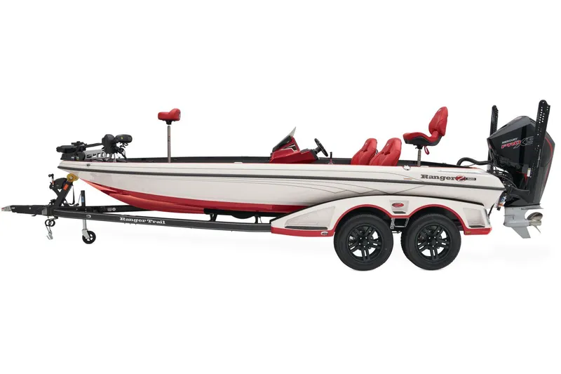 Slide: The Image of 2025 Ranger Z520 boat with powerful outboard motor and sleek design on a trailer. - 2