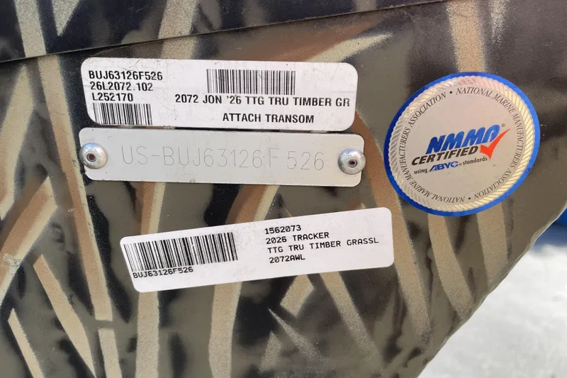 Slide: The Image of 2026 Tracker Grizzly 2072 Utility boat with NMMA certification label and serial numbers. - 24