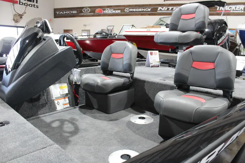 Slide: The Image of 2026 Tracker Pro Team 175 Crappie Edition boat interior with gray and red seating. - 6