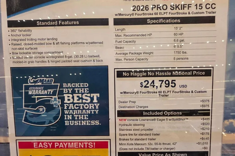 Slide: The Image of 2026 Mako Pro Skiff 15 CC boat features, pricing, and warranty details displayed. - 4