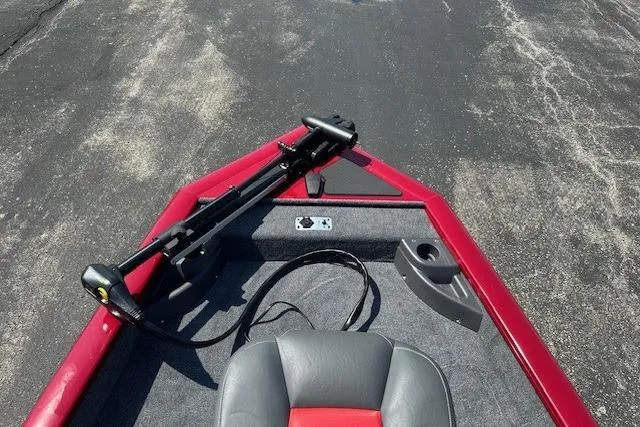 Slide: The Image of 2026 Tracker Pro Team 175 Crappie Edition boat, red and gray interior, trolling motor visible. - 5