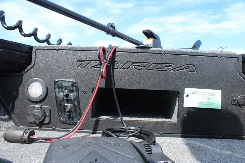 Slide: The Image of 2026 Tracker Targa V-18 Combo boat dashboard with wiring and control panel. - 17