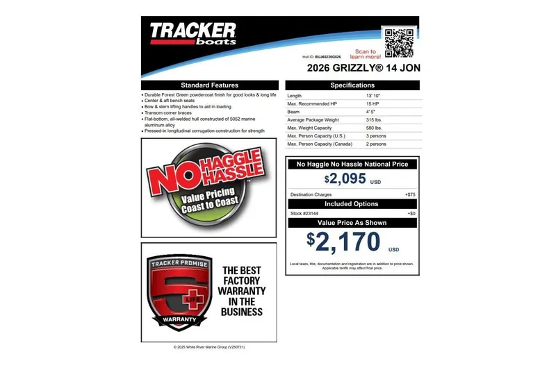 Slide: The Image of 2026 Tracker Grizzly 14 Jon boat features, specifications, and pricing details. - 55