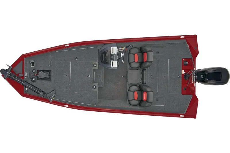 Slide: The Image of 2026 Tracker Pro Team 175 boat interior with seating and steering console in showroom. - 6