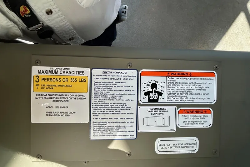 Slide: The Image of Safety labels on a 2026 Tracker Grizzly 12 Jon boat, detailing capacity and warnings. - 5