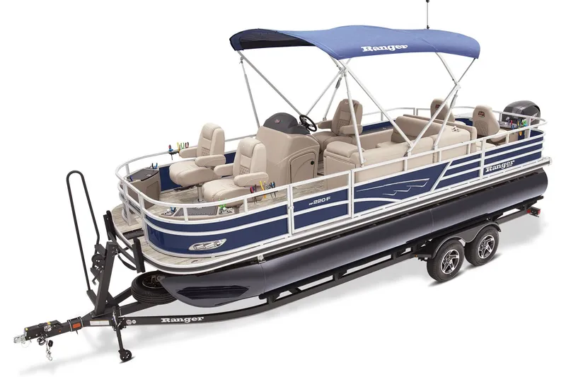 Slide: The Image of 2024 Ranger Reata 220F pontoon boat on trailer, red and beige design, parked outdoors. - 4