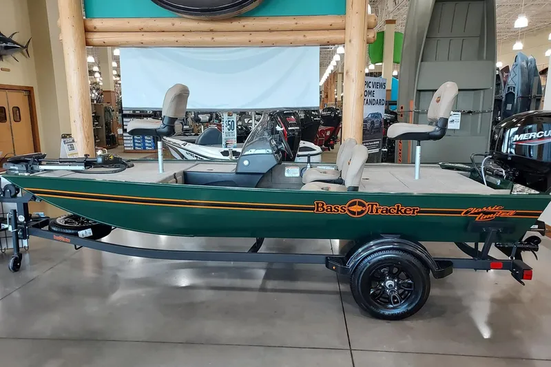 The Image of 2026 Tracker Bass Tracker Classic Limited boat displayed in a showroom. - 0