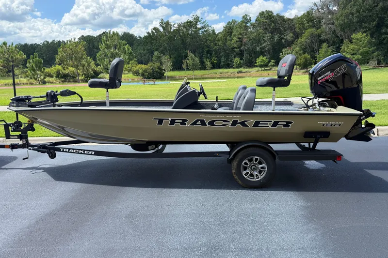 The Image of 2026 Tracker Pro Team 190 fishing boat on trailer, parked outdoors under a blue sky. - 0