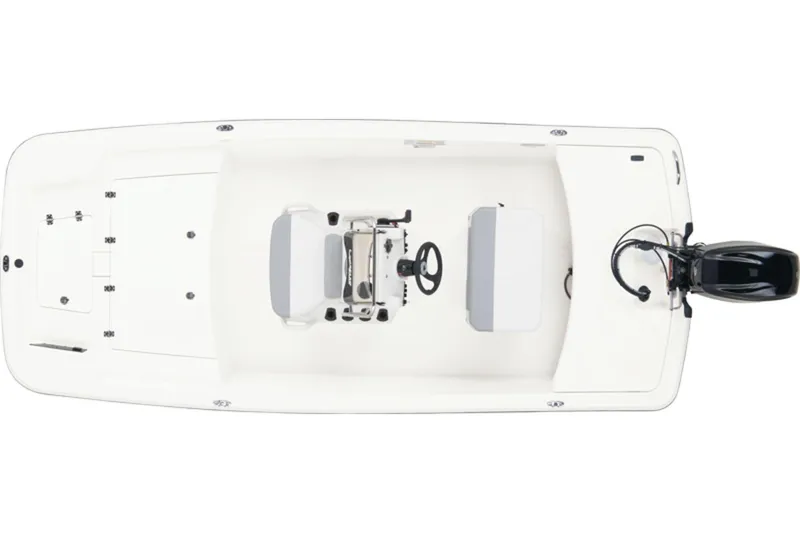 Slide: The Image of 2026 Mako Pro Skiff 15 CC boat with Mercury engine in a parking lot. - 4