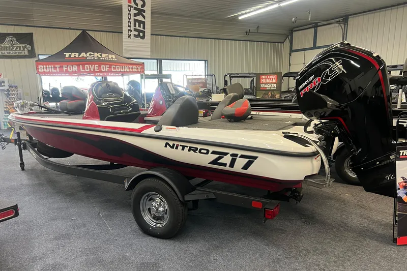 The Image of 2026 Nitro Z17 boat with Mercury Pro XS engine in showroom display. - 0
