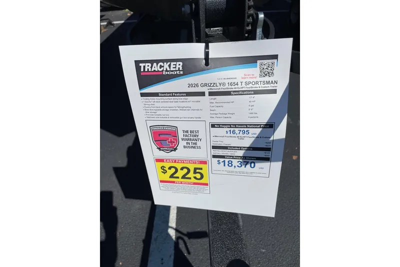 Slide: The Image of 2026 Tracker Grizzly 1654 T Sportsman boat price sheet with specifications and payment options. - 4