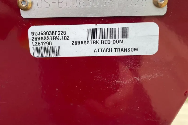 Slide: The Image of 2026 Tracker Bass Tracker Classic XL transom label with serial and model numbers. - 10