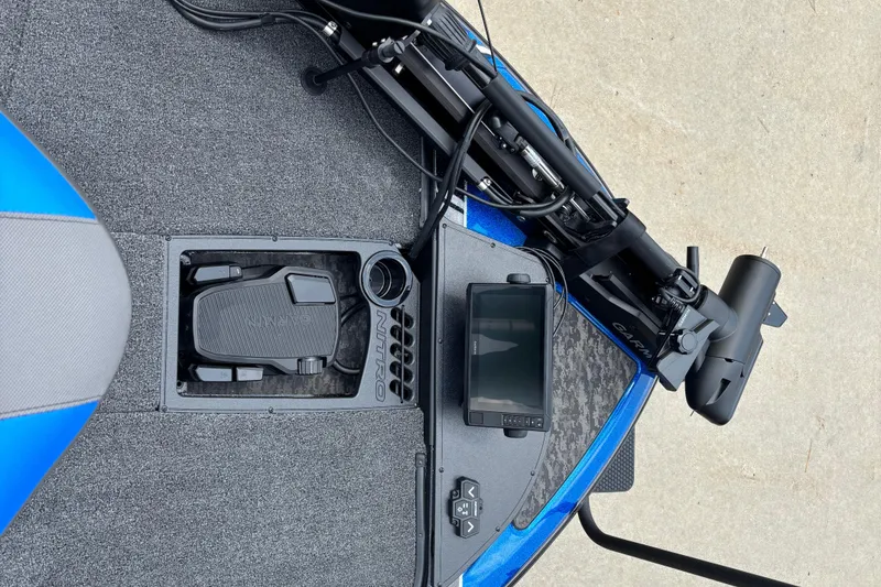 Slide: The Image of 2026 Nitro Z20 XL Pro boat deck with Garmin pedal and display. - 3