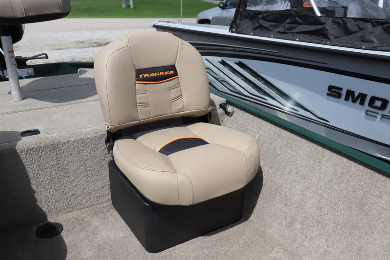 Slide: The Image of 2026 Tracker Bass Tracker Classic Limited boat seat, beige with orange accents. - 8