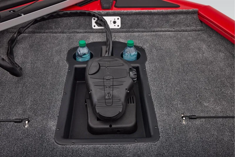 Slide: The Image of 2026 Tracker Pro Team 190 boat deck with Minn Kota trolling motor and cup holders. - 14