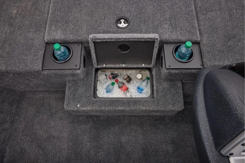 Slide: The Image of 2026 Tracker Pro Team 190 boat interior with cooler and cup holders. - 23