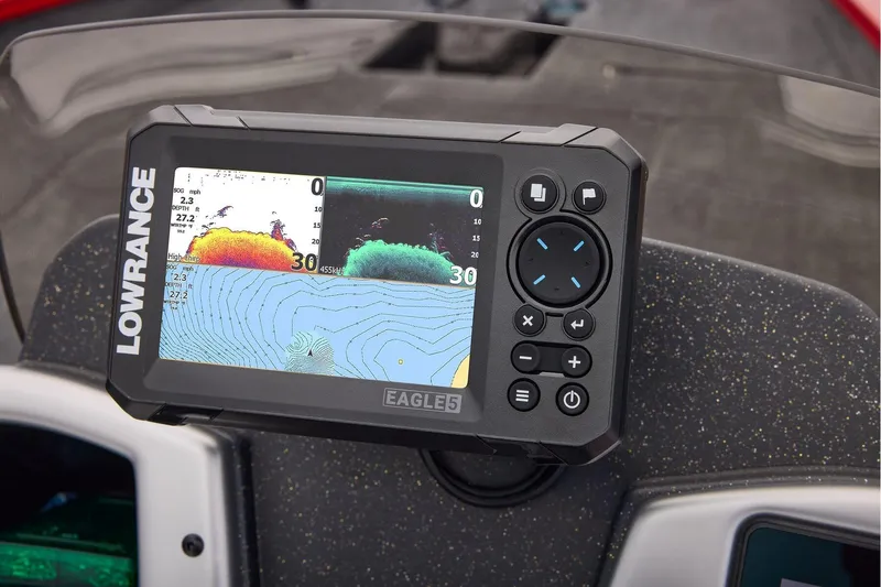 Slide: The Image of Lowrance fish finder on 2026 Tracker Pro Team 190 boat dashboard. - 29