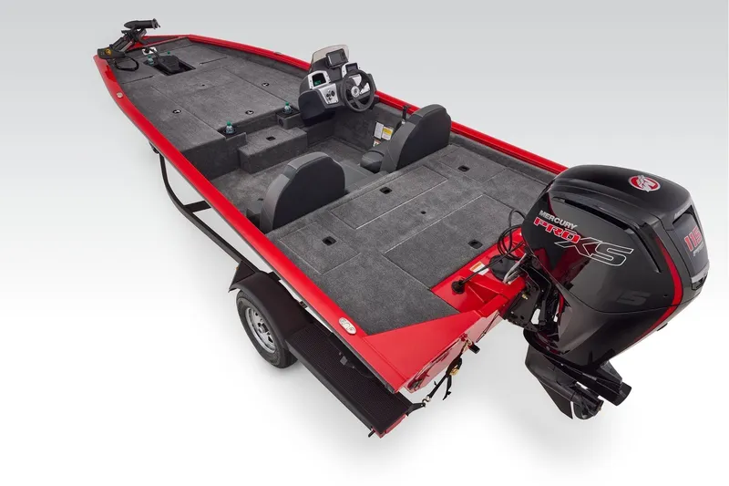 Slide: The Image of 2026 Tracker Pro Team 190 boat with Mercury Pro XS engine, red and gray design. - 42