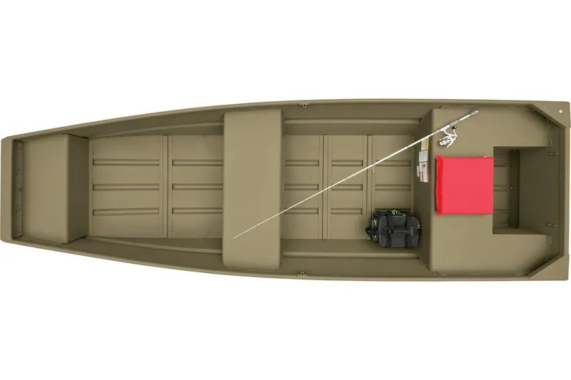Slide: The Image of 2026 Tracker Grizzly 14 Jon boat displayed indoors, showcasing its spacious interior design. - 2