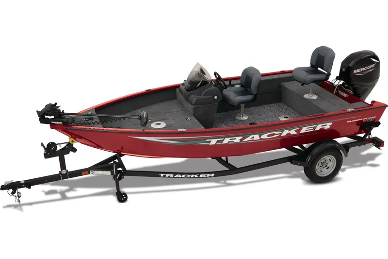 Slide: The Image of 2026 Tracker Super Guide V-16 SC boat on trailer at Tracker Boat Center. - 2