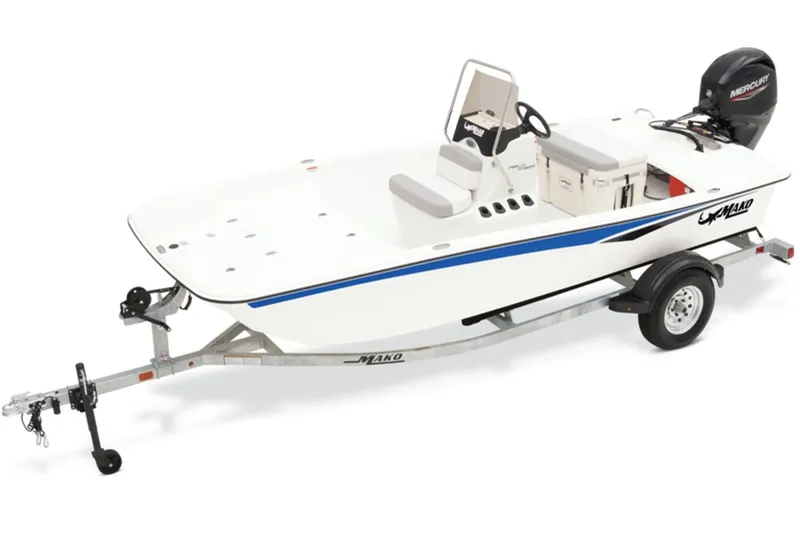 Slide: The Image of 2026 Mako Pro Skiff 15 CC boat on trailer, featuring sleek design and Mercury engine. - 9