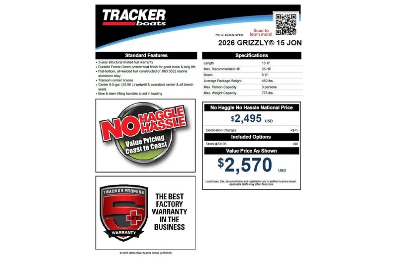 Slide: The Image of 2026 Tracker Grizzly 15 Jon boat features, pricing, and warranty details. - 18