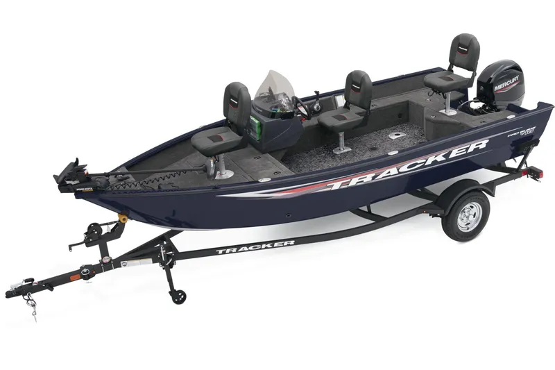 The Image of 2026 Tracker Pro Guide V-16 SC boat on trailer, parked outdoors. - 0
