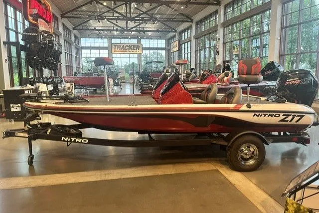 Slide: The Image of 2026 Nitro Z17 boat displayed in a showroom with modern design and sleek features. - 5