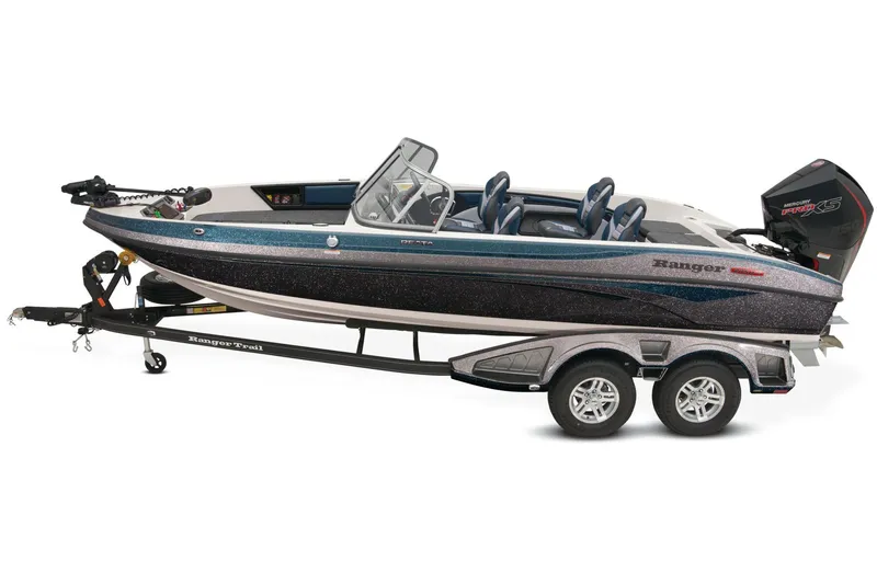 Slide: The Image of 2025 Ranger 2050MS boat on trailer, parked outdoors with autumn trees in background. - 2