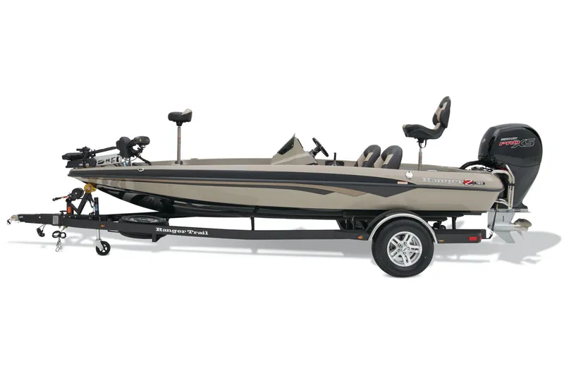 Slide: The Image of 2025 Ranger Z185 boat with Mercury Pro XS engine, parked outdoors. - 2