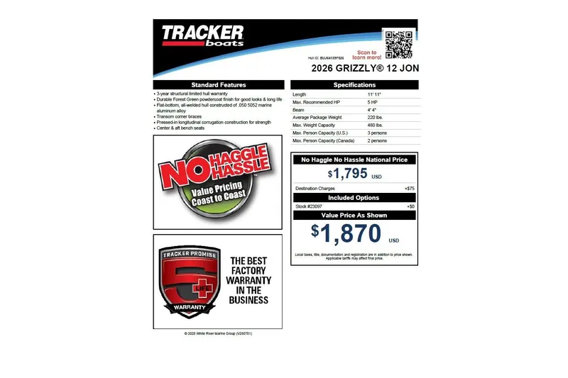 Slide: The Image of 2026 Tracker Grizzly 12 Jon boat features, pricing, and warranty details. - 30