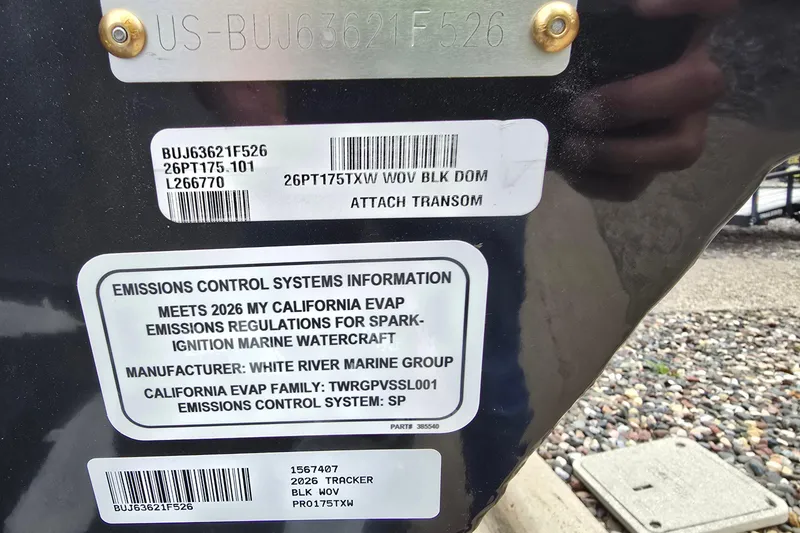 Slide: The Image of 2026 Tracker Pro Team 175 emissions control information label on marine watercraft. - 6