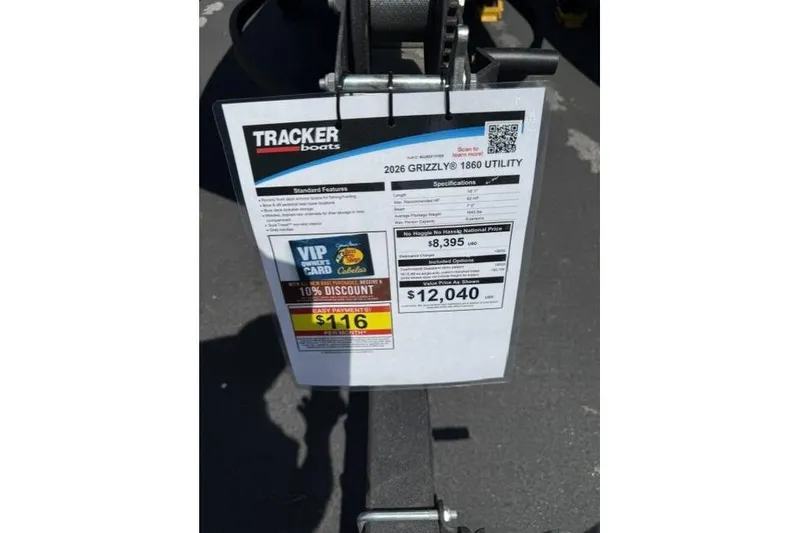 Slide: The Image of 2026 Tracker Grizzly 1860 Utility boat price tag with specifications and discounts. - 7
