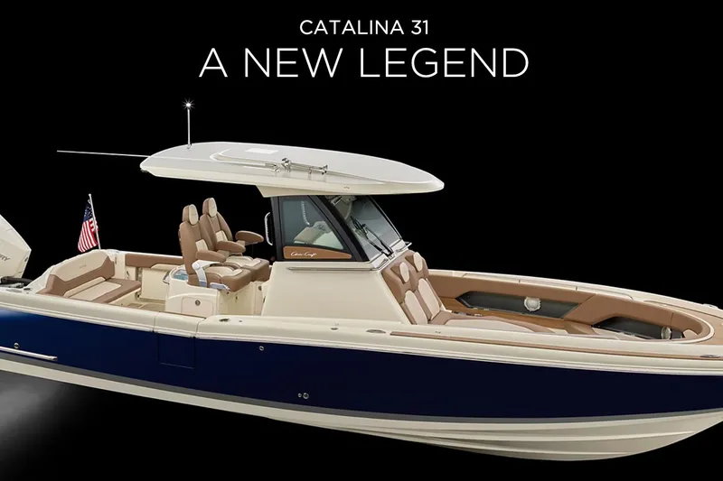 Slide: The Image of 2026 Chris-Craft Catalina 31 boat, sleek design, luxurious seating, "A New Legend" tagline. - 2