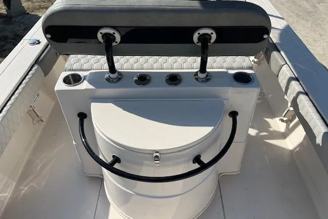 Slide: The Image of 2026 Carolina Skiff 24 Ultra Elite boat interior with seating and storage features. - 4