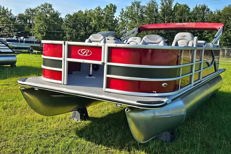 Slide: The Image of 2026 Bentley Pontoons 200 Fish CWT in vibrant red on grassy field. - 5
