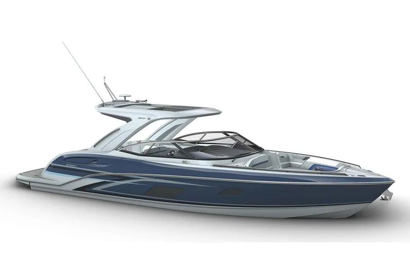 Slide: The Image of Manufacturer Provided Image: 2026 Formula 360 Crossover Bowrider I/O, sleek design, luxury boat, blue and white exterior. - 17