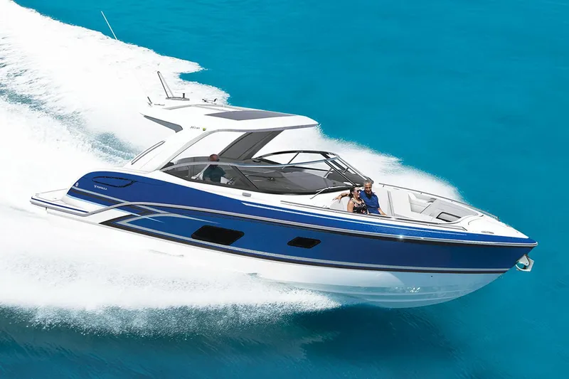 Slide: The Image of Manufacturer Provided Image: 2026 Formula 360 Crossover Bowrider I/O cruising on clear blue water. - 2