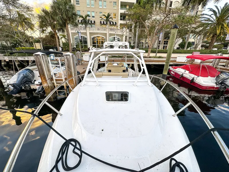 Slide: The Image of 2017 Everglades 360 LXC boat docked at marina with surrounding palm trees. - 28