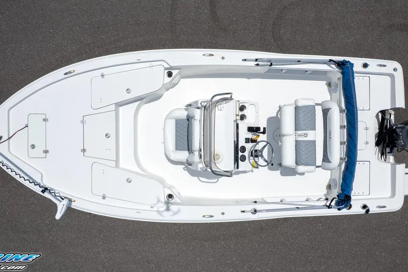 Slide: The Image of 2015 Sea Hunt BX 20 BR boat, aerial view, showcasing seating and control layout. - 34