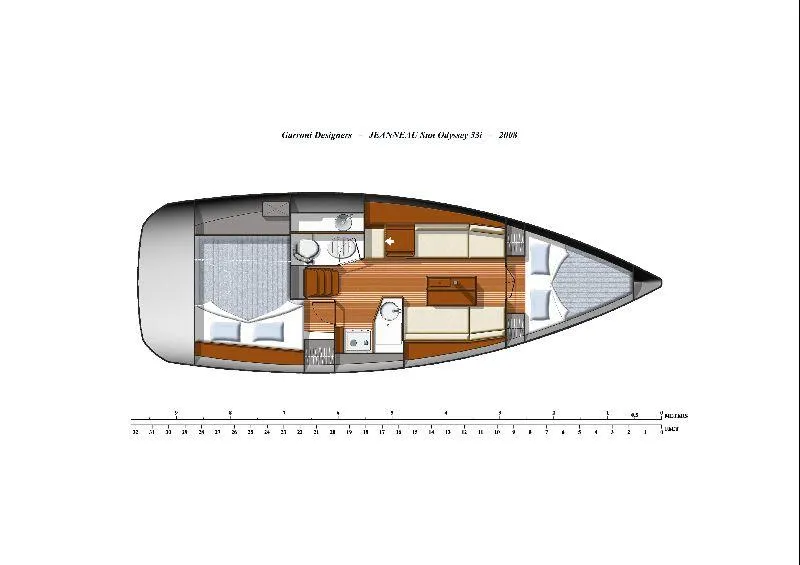 Slide: The Image of Floor plan of 2011 Jeanneau Sun Odyssey 33i sailboat, showing interior layout and design. - 13