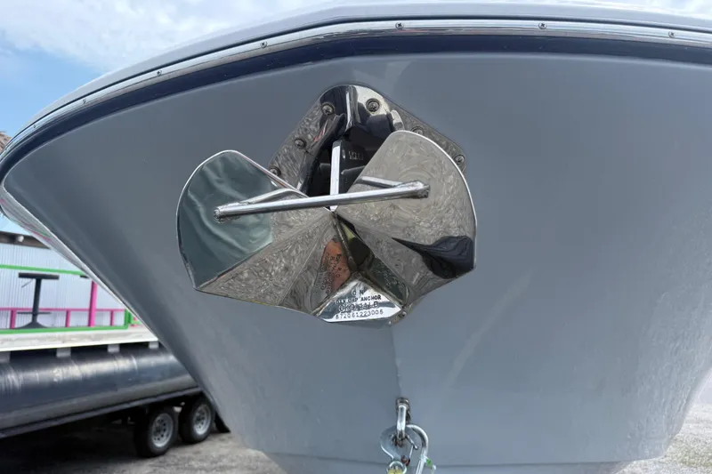 Slide: The Image of 2025 Stingray 253 CC boat anchor detail with polished metal finish. - 2