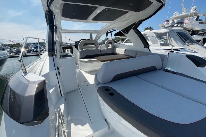 Slide: The Image of 2026 Beneteau Gran Turismo 41 yacht interior with sleek seating and modern design. - 21