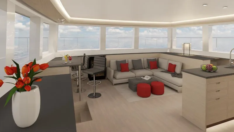 Slide: The Image of Luxurious interior of 2024 Leeuwin 55 yacht with modern decor and ocean views. - 10