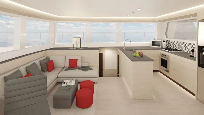 Slide: The Image of Luxurious interior of 2024 Leeuwin 55 yacht with modern kitchen and cozy seating area. - 12