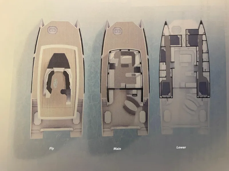 Slide: The Image of Floor plans of 2024 Leeuwin 55 yacht: flybridge, main, and lower decks. - 32