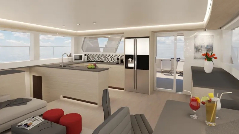 Slide: The Image of Luxurious interior of 2024 Leeuwin 55 yacht with modern kitchen and ocean view. - 5