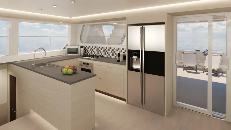 Slide: The Image of Modern kitchen interior on 2024 Leeuwin 55 yacht with ocean view. - 6